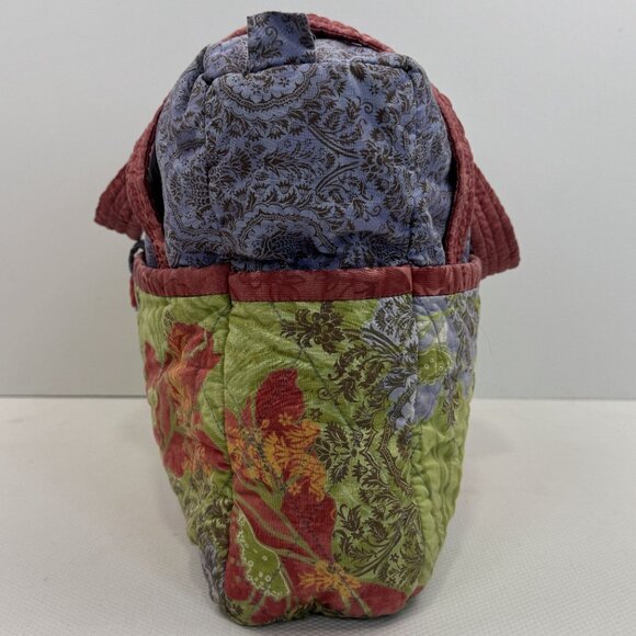 Handcrafted Multi-Color Quilted Fabric Tote Bag Zipper Closure Button Pockets - Picture 5 of 16